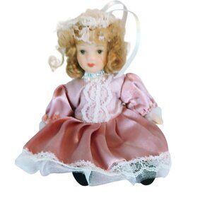 Vintage Victorian Miniature Bisque Porcelain Doll in Pink Dress 5-Inches